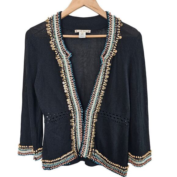 Nanette Lepore Cardigan Womens Size Medium Beaded Black Sweater Embellished Boho - Picture 1 of 10